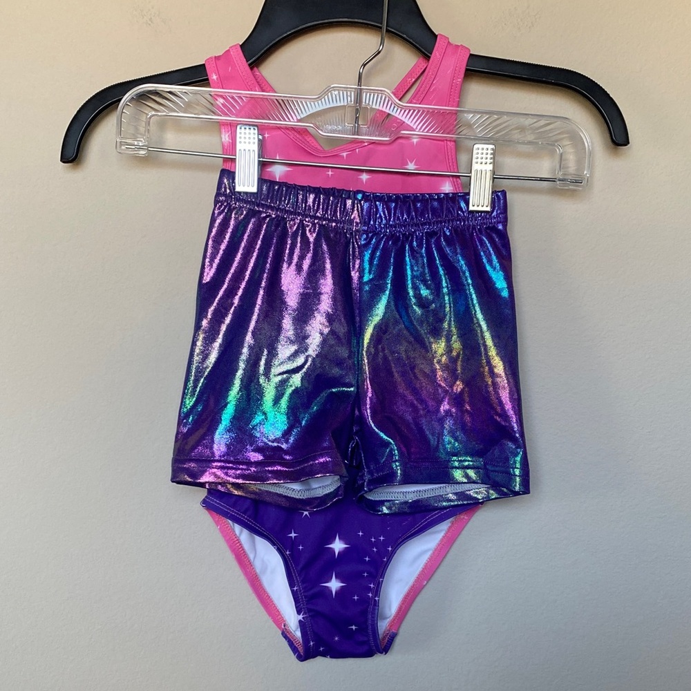 Two Piece Tumbling Gymnastics Leotard and Shorts - Matching Scrunchie!